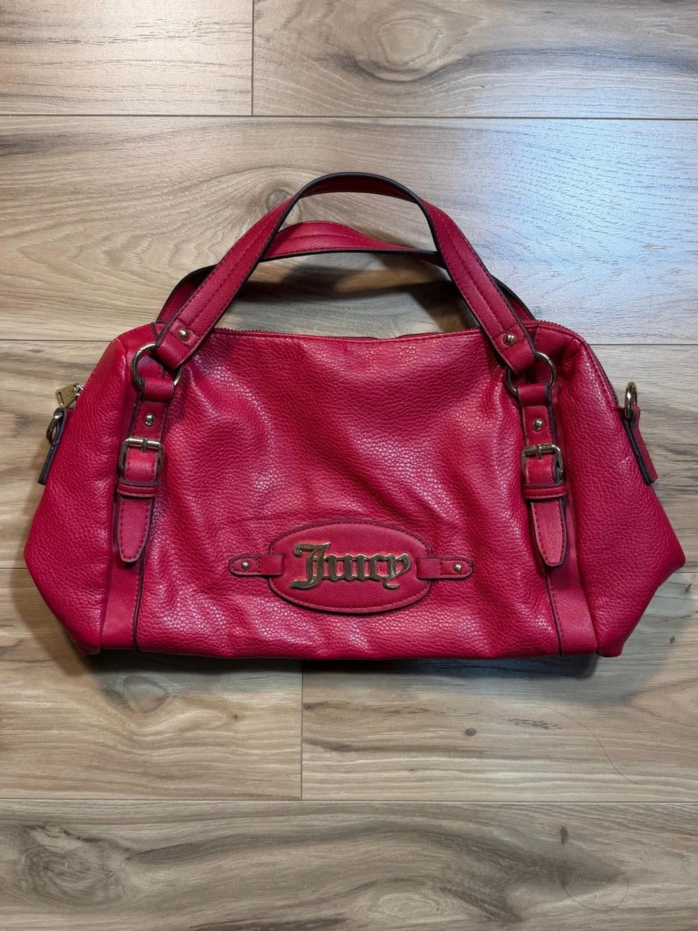 Juicy Couture Pink-Red Pebbled Leather Satchel with Gold Hardware